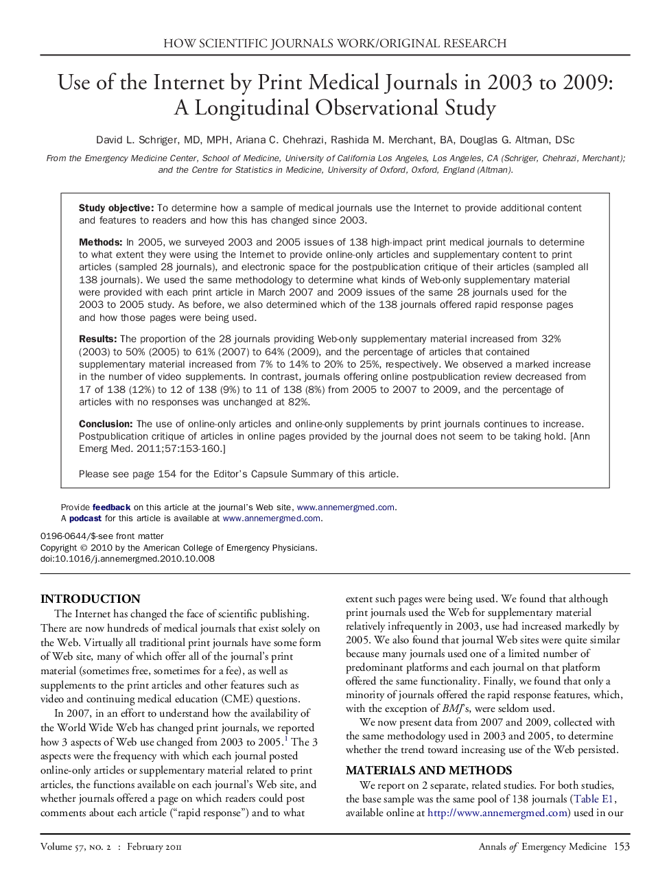 Use of the Internet by Print Medical Journals in 2003 to 2009: A Longitudinal Observational Study