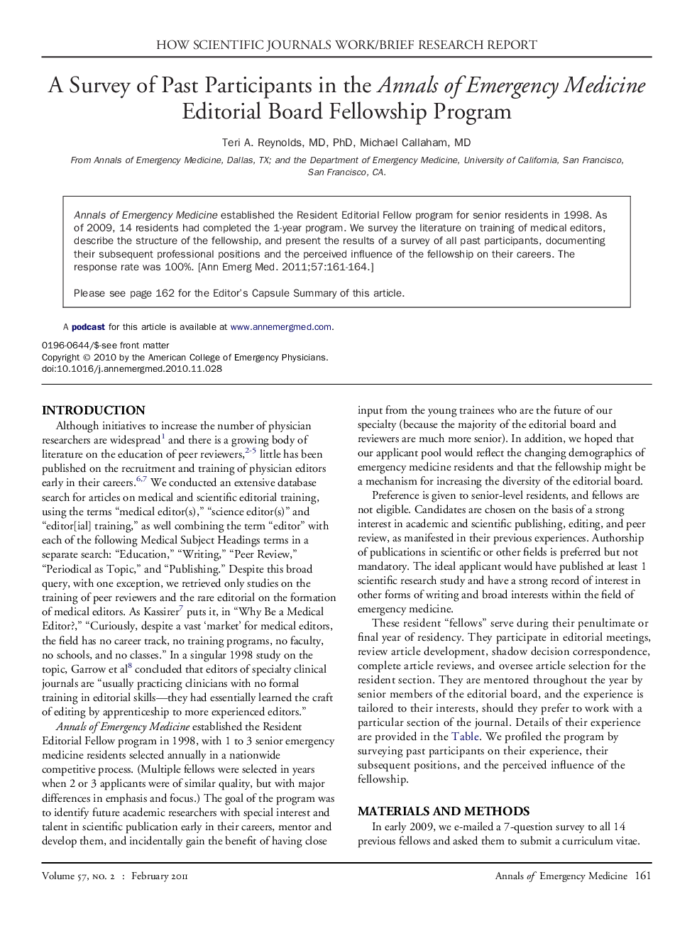 A Survey of Past Participants in the Annals of Emergency Medicine Editorial Board Fellowship Program 