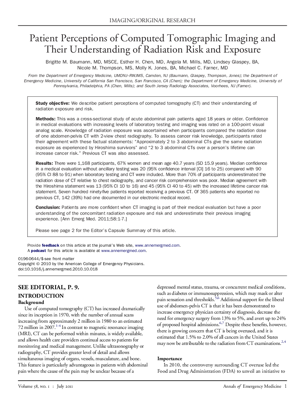 Patient Perceptions of Computed Tomographic Imaging and Their Understanding of Radiation Risk and Exposure