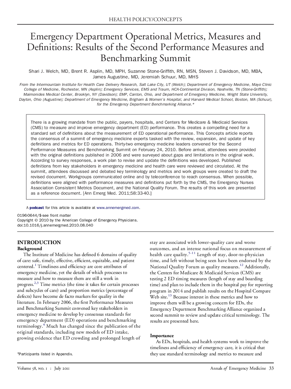 Emergency Department Operational Metrics, Measures and Definitions: Results of the Second Performance Measures and Benchmarking Summit 