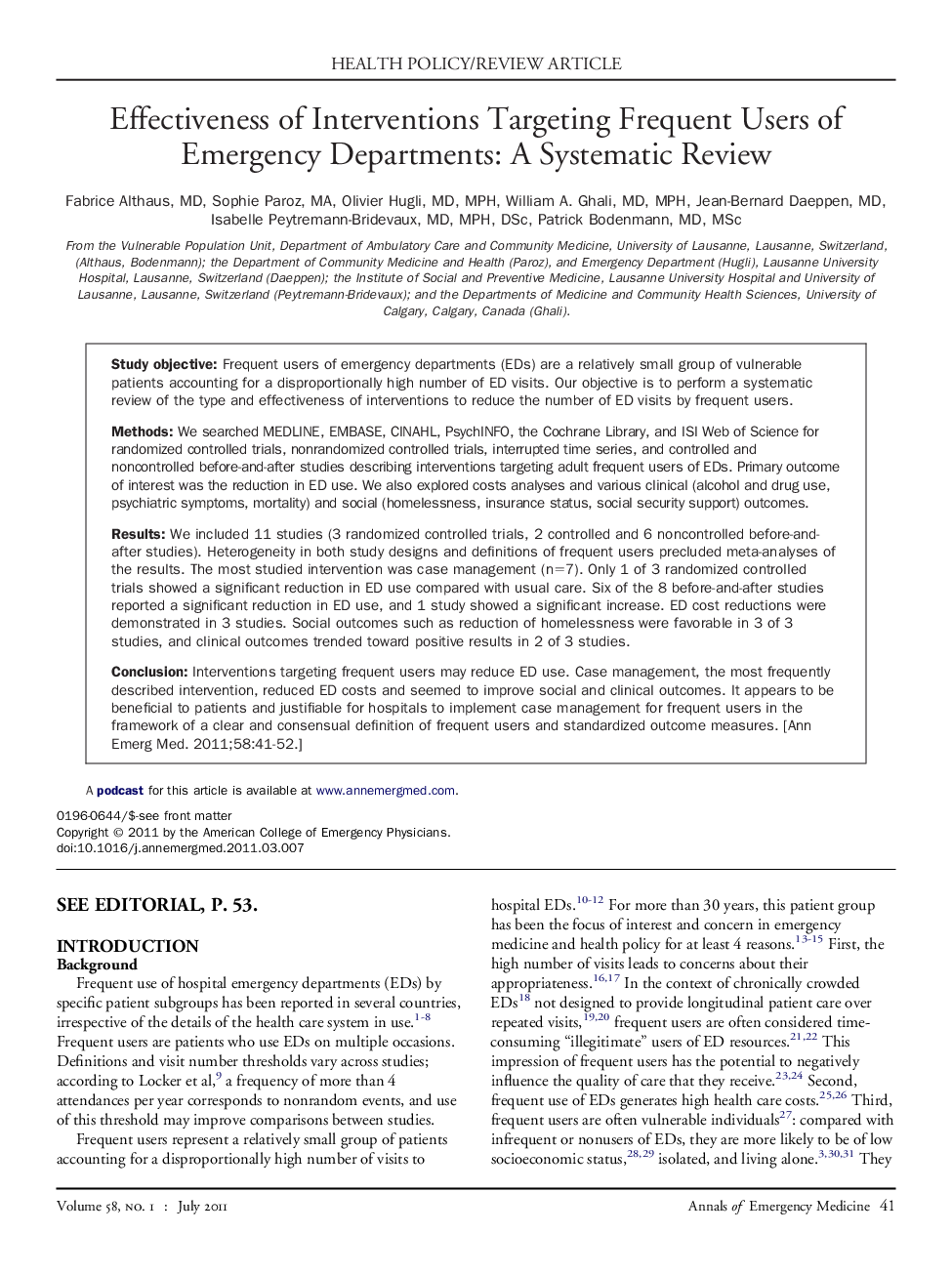 Effectiveness of Interventions Targeting Frequent Users of Emergency Departments: A Systematic Review