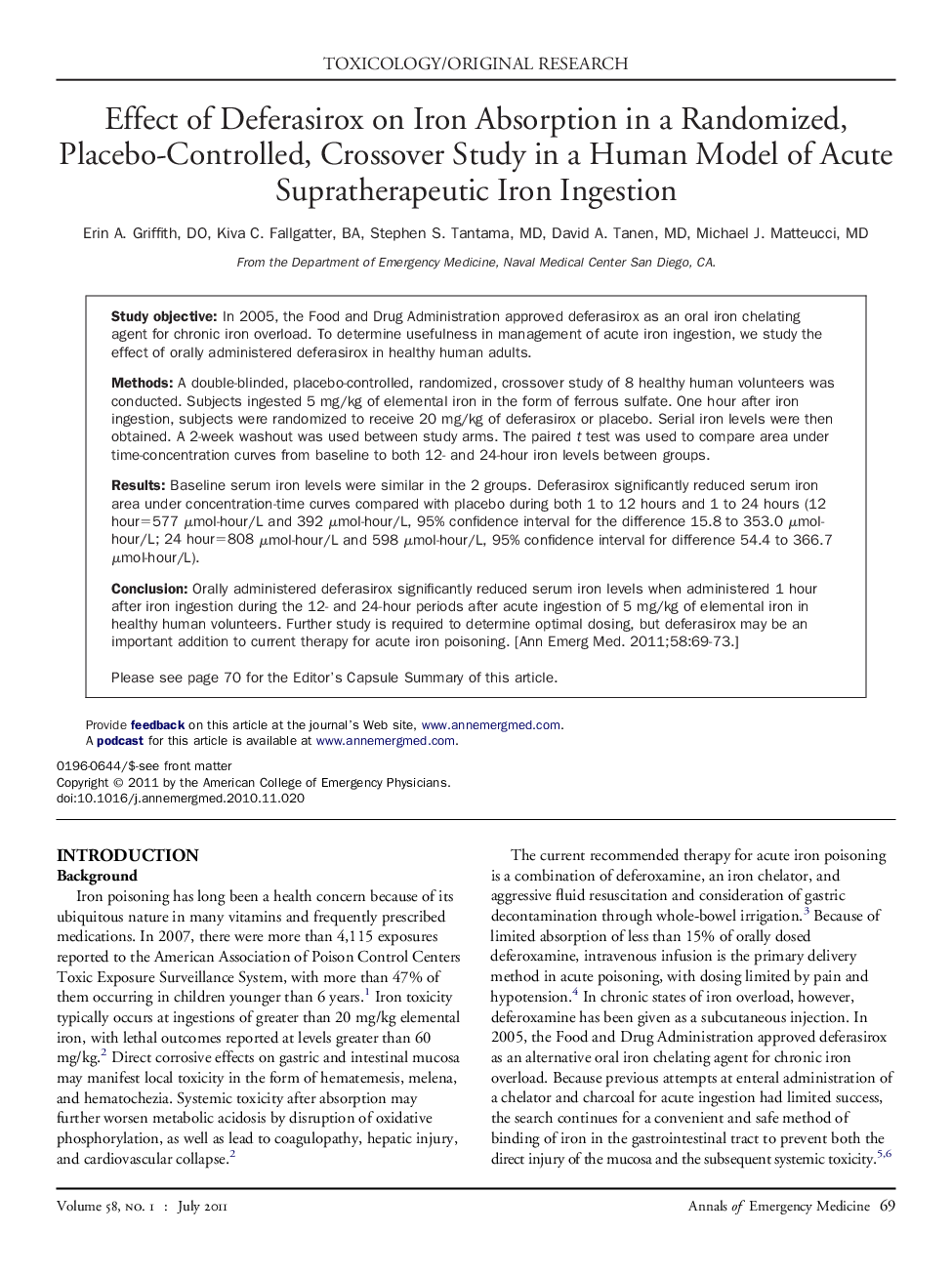 Effect of Deferasirox on Iron Absorption in a Randomized, Placebo-Controlled, Crossover Study in a Human Model of Acute Supratherapeutic Iron Ingestion 