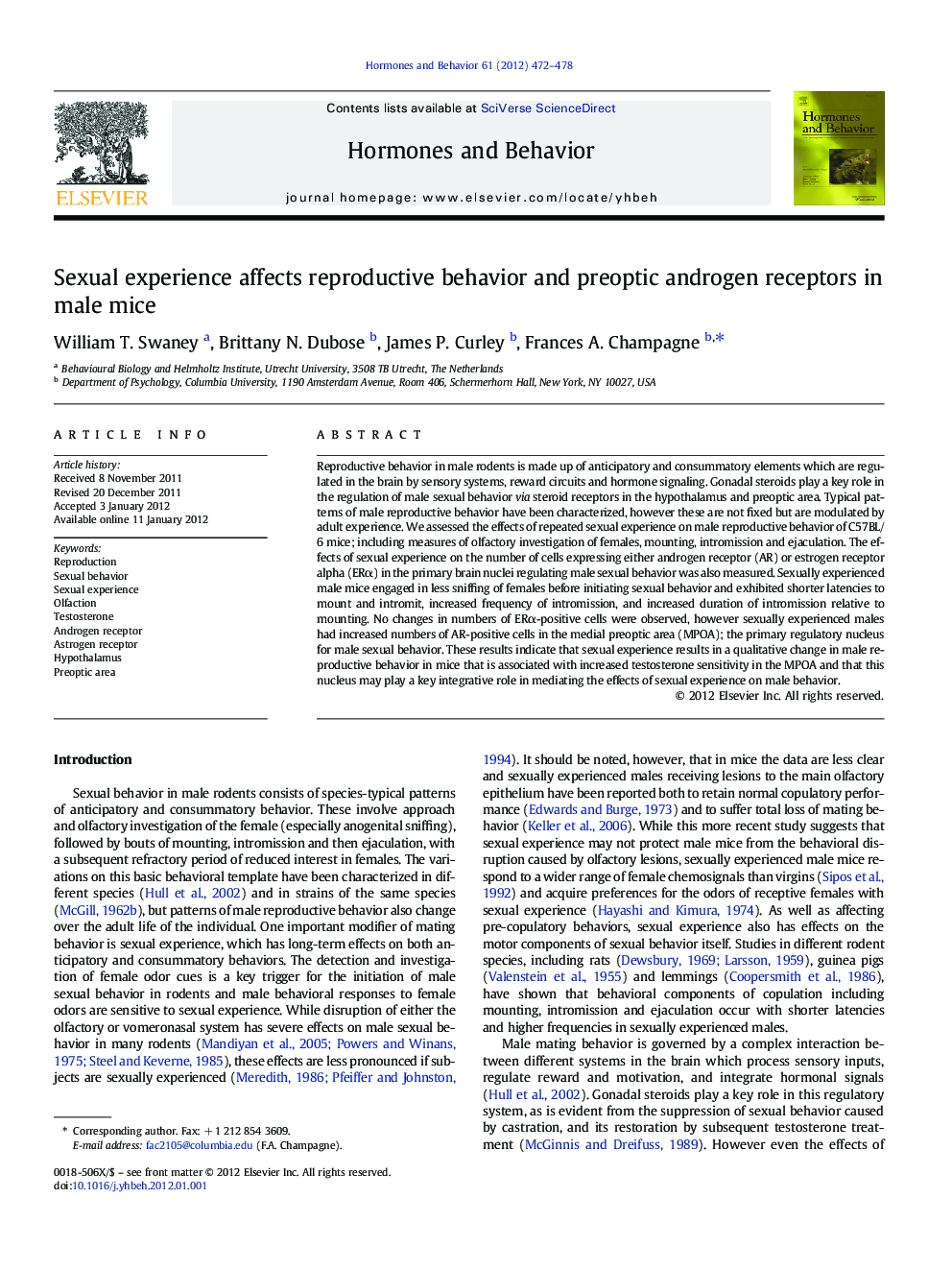 Sexual experience affects reproductive behavior and preoptic androgen receptors in male mice