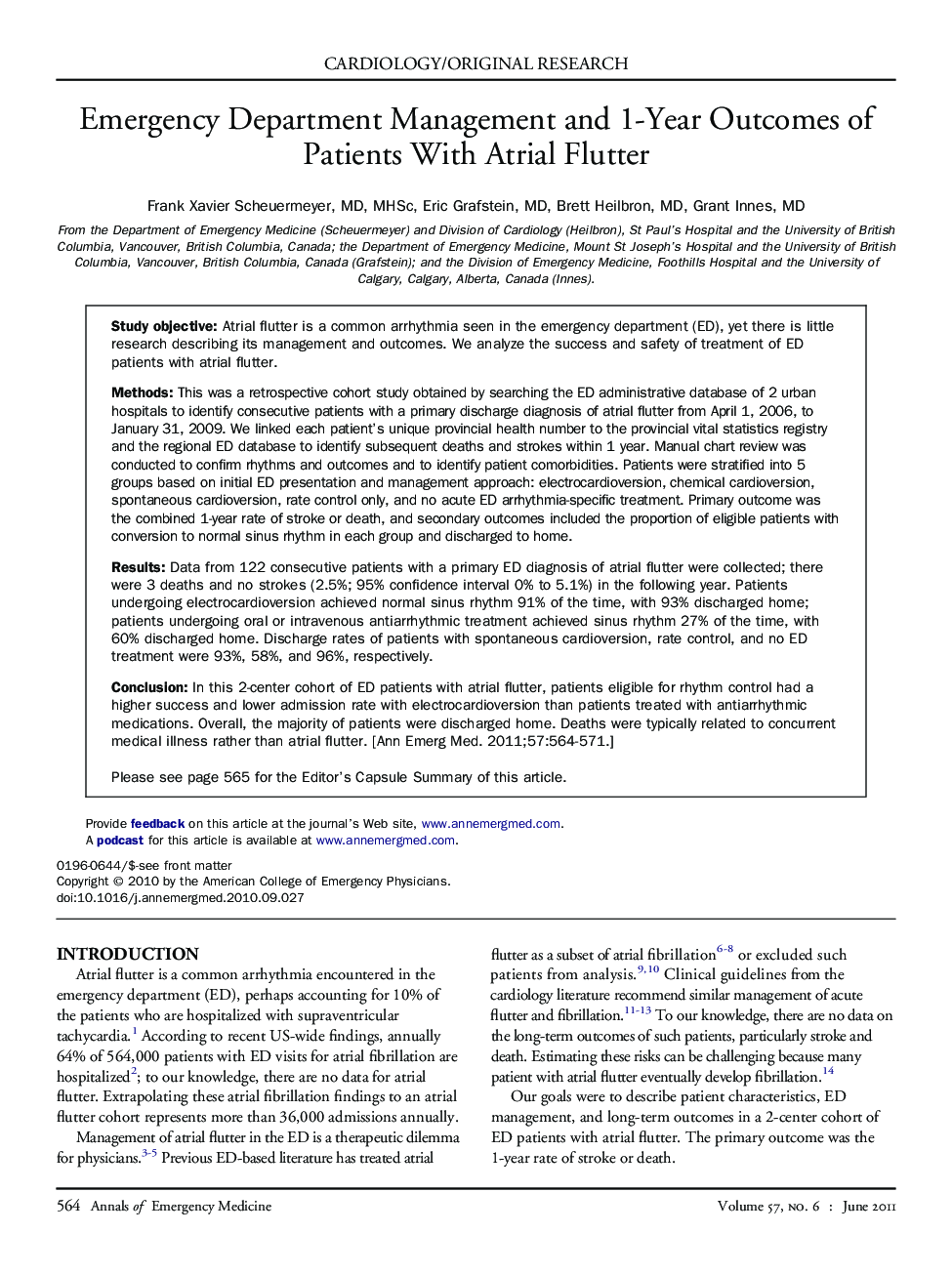 Emergency Department Management and 1-Year Outcomes of Patients With Atrial Flutter