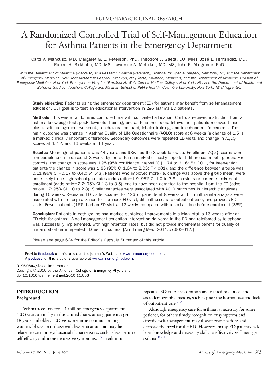 A Randomized Controlled Trial of Self-Management Education for Asthma Patients in the Emergency Department 
