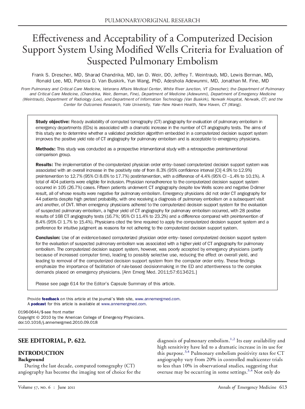 Effectiveness and Acceptability of a Computerized Decision Support System Using Modified Wells Criteria for Evaluation of Suspected Pulmonary Embolism 