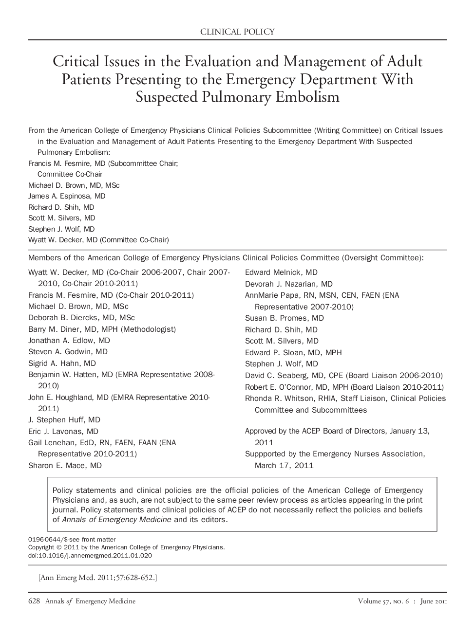 Critical Issues in the Evaluation and Management of Adult Patients Presenting to the Emergency Department With Suspected Pulmonary Embolism
