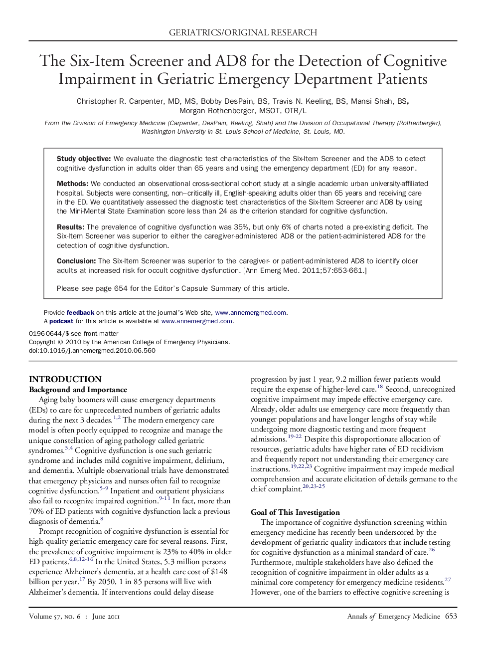 The Six-Item Screener and AD8 for the Detection of Cognitive Impairment in Geriatric Emergency Department Patients 