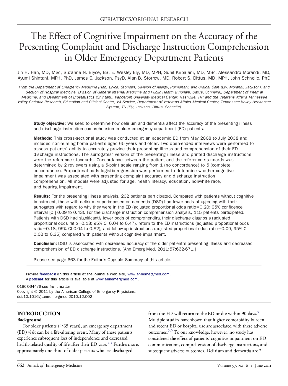 The Effect of Cognitive Impairment on the Accuracy of the Presenting Complaint and Discharge Instruction Comprehension in Older Emergency Department Patients