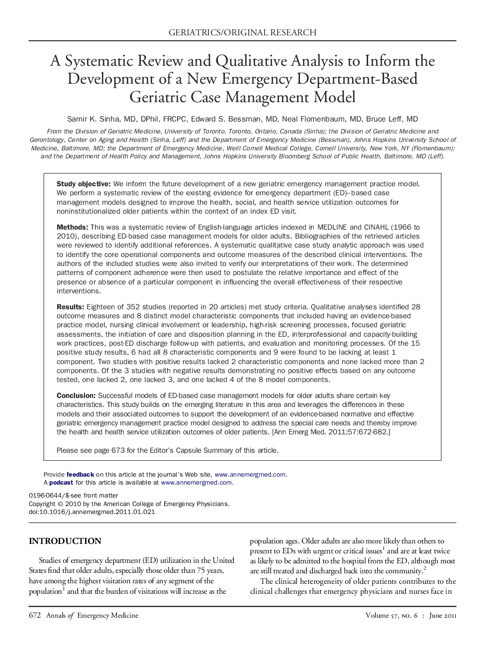 A Systematic Review and Qualitative Analysis to Inform the Development of a New Emergency Department-Based Geriatric Case Management Model 