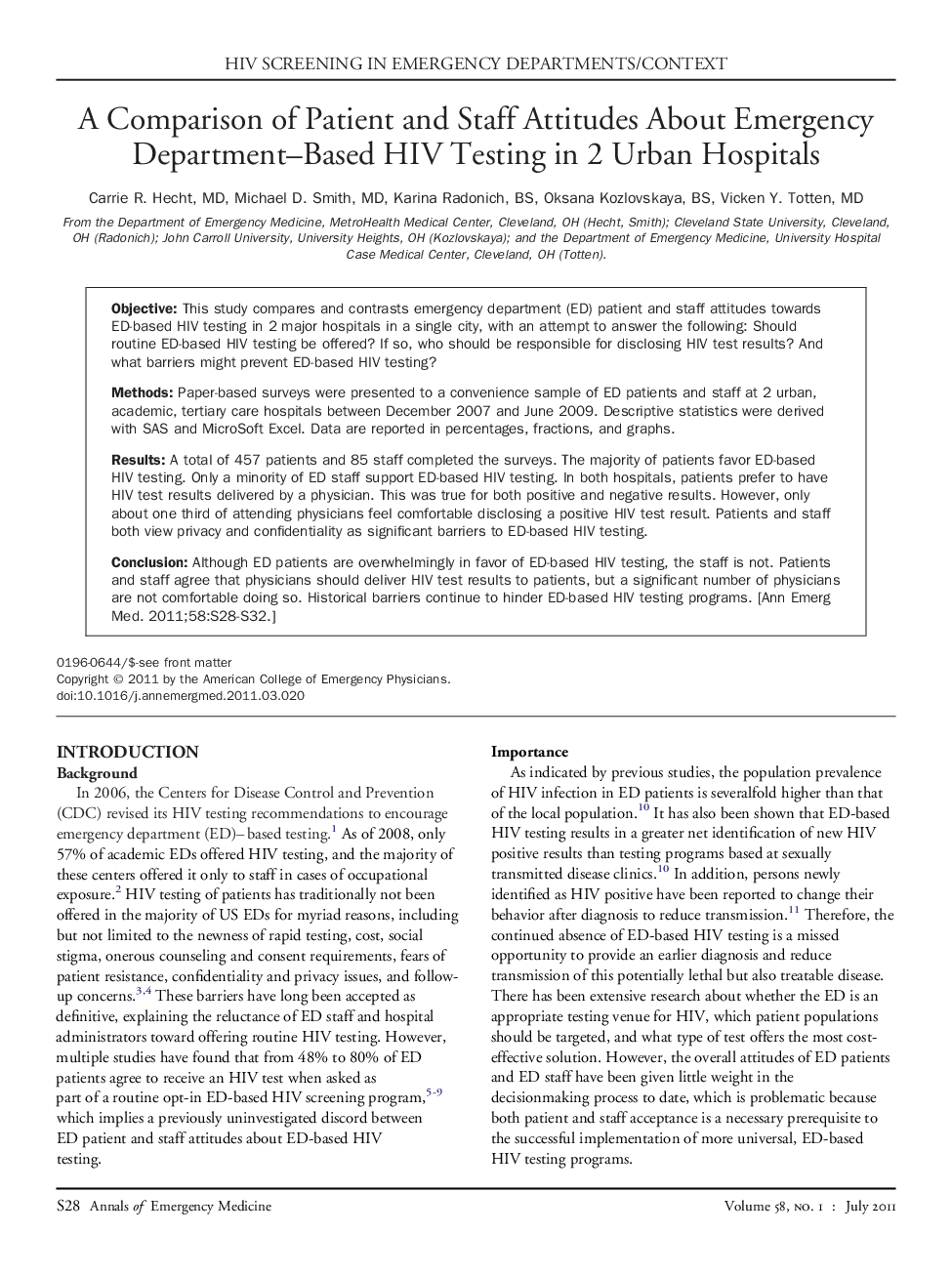 A Comparison of Patient and Staff Attitudes About Emergency Department-Based HIV Testing in 2 Urban Hospitals