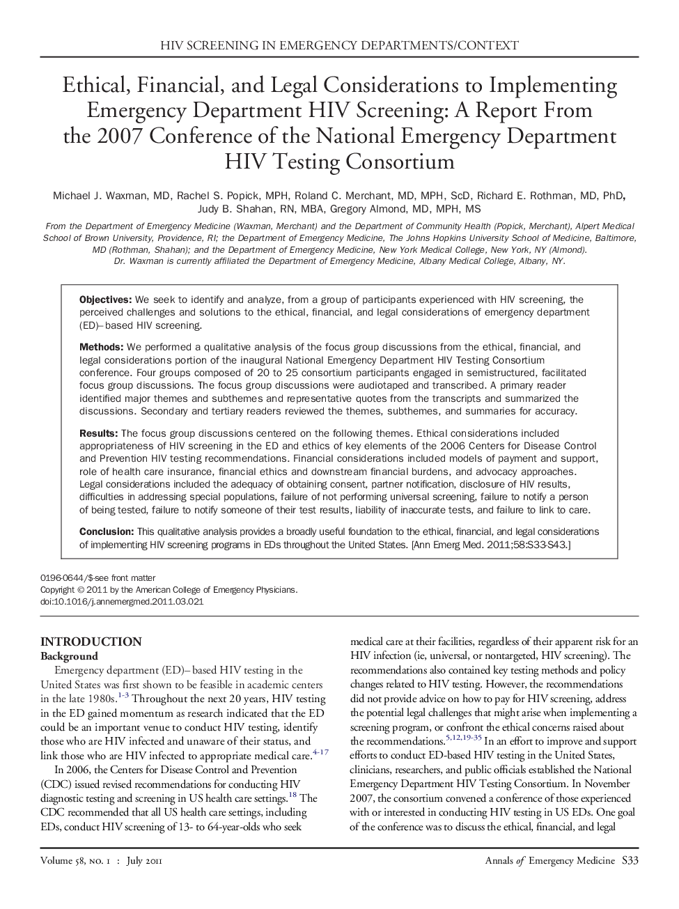 Ethical, Financial, and Legal Considerations to Implementing Emergency Department HIV Screening: A Report From the 2007 Conference of the National Emergency Department HIV Testing Consortium 