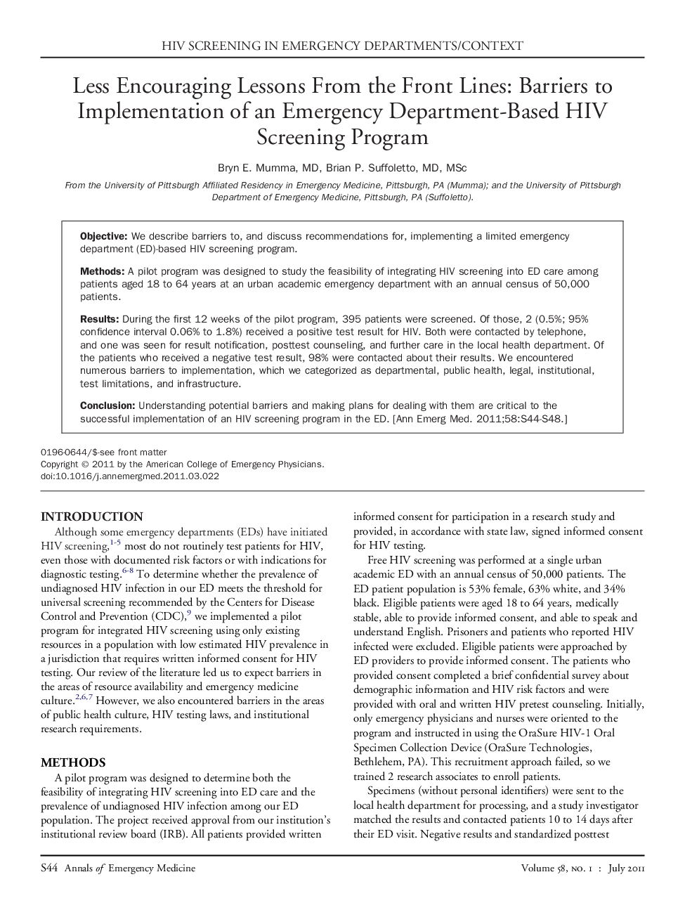 Less Encouraging Lessons From the Front Lines: Barriers to Implementation of an Emergency Department-Based HIV Screening Program 