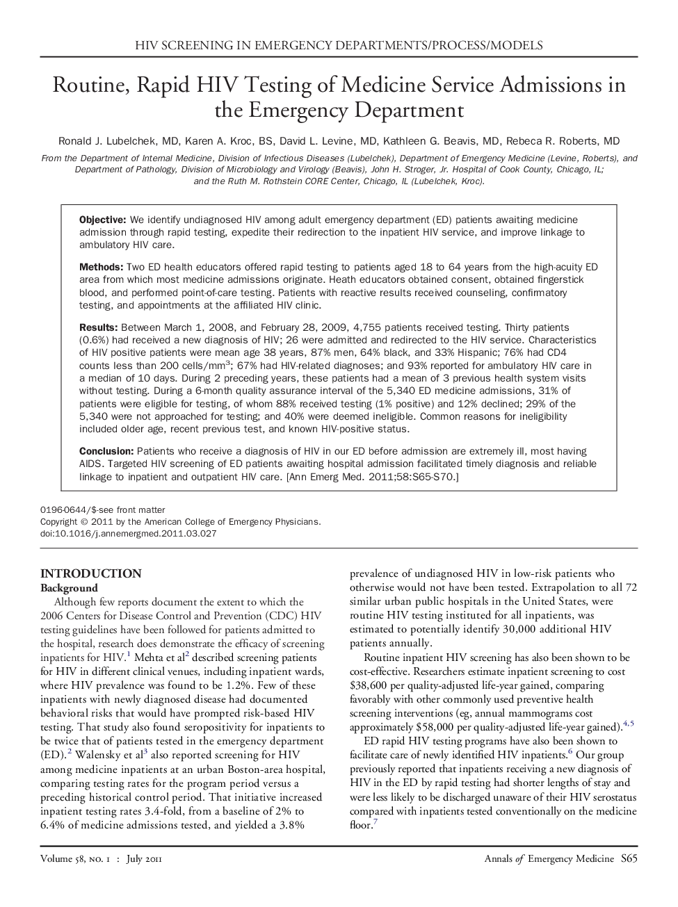 Routine, Rapid HIV Testing of Medicine Service Admissions in the Emergency Department 