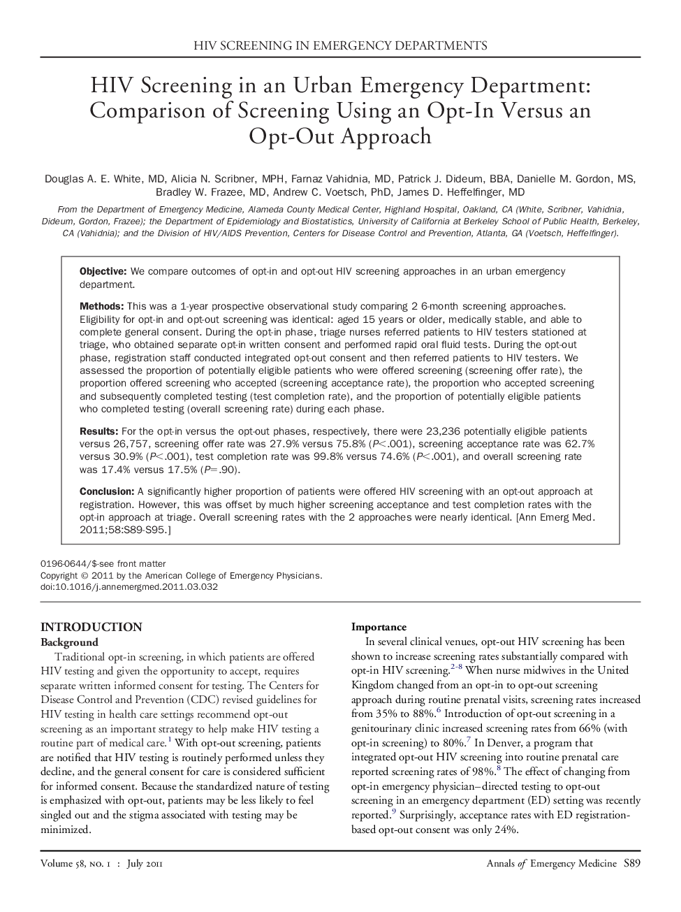 HIV Screening in an Urban Emergency Department: Comparison of Screening Using an Opt-In Versus an Opt-Out Approach 