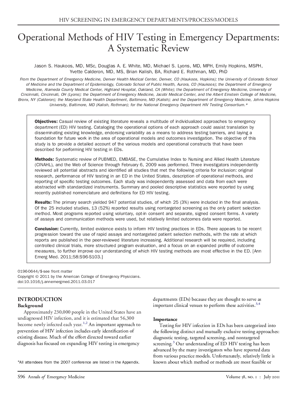 Operational Methods of HIV Testing in Emergency Departments: A Systematic Review 