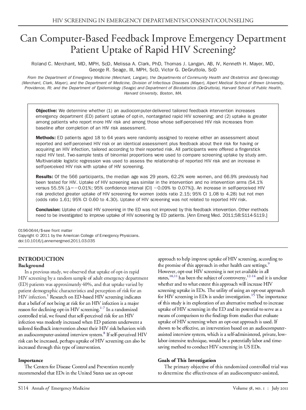 Can Computer-Based Feedback Improve Emergency Department Patient Uptake of Rapid HIV Screening?