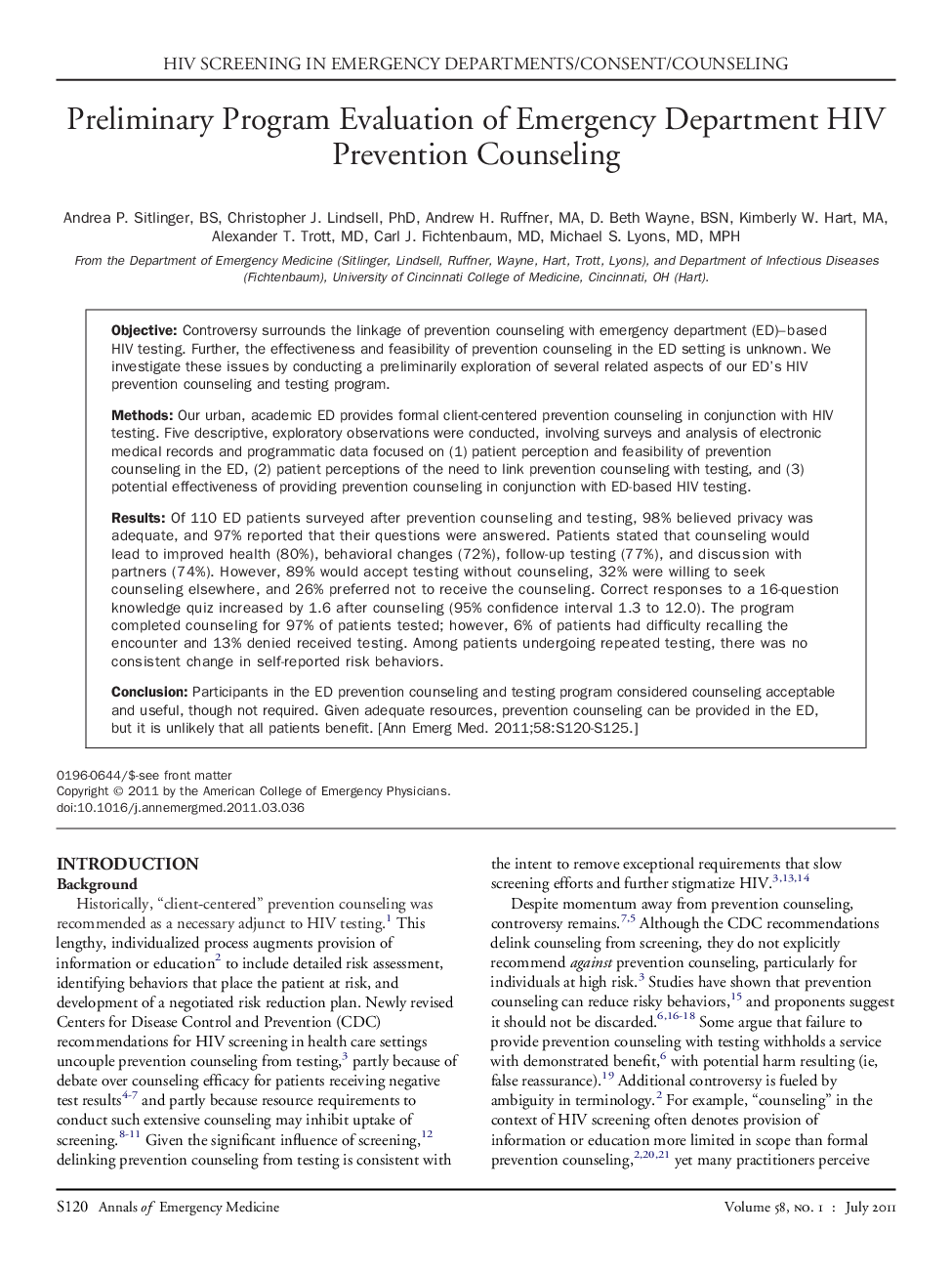 Preliminary Program Evaluation of Emergency Department HIV Prevention Counseling