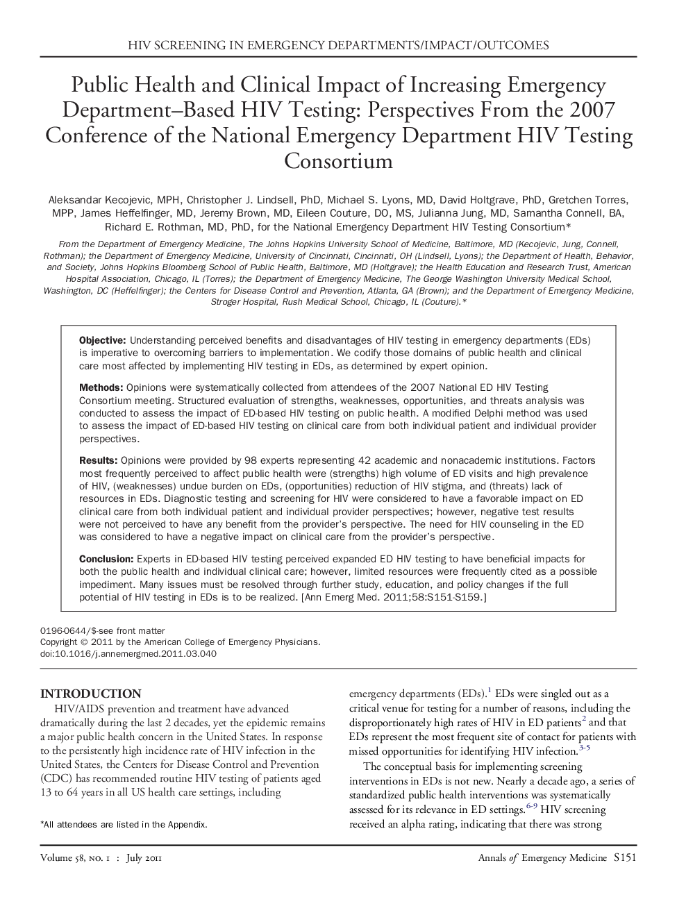 Public Health and Clinical Impact of Increasing Emergency Department-Based HIV Testing: Perspectives From the 2007 Conference of the National Emergency Department HIV Testing Consortium