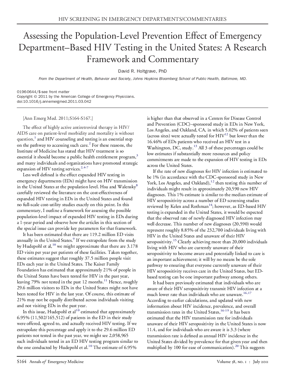 Assessing the Population-Level Prevention Effect of Emergency Department-Based HIV Testing in the United States: A Research Framework and Commentary