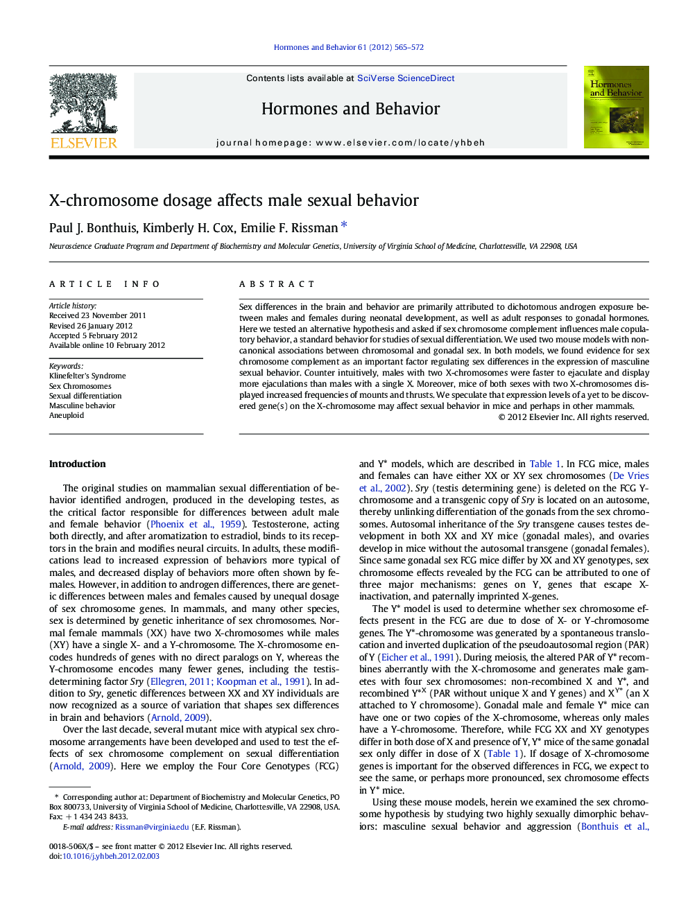 X-chromosome dosage affects male sexual behavior