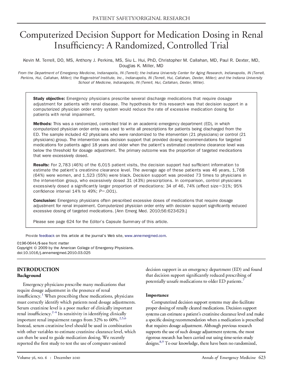 Computerized Decision Support for Medication Dosing in Renal Insufficiency: A Randomized, Controlled Trial