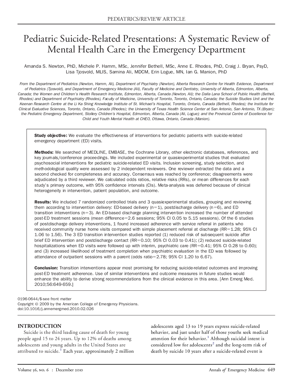 Pediatric Suicide-Related Presentations: A Systematic Review of Mental Health Care in the Emergency Department