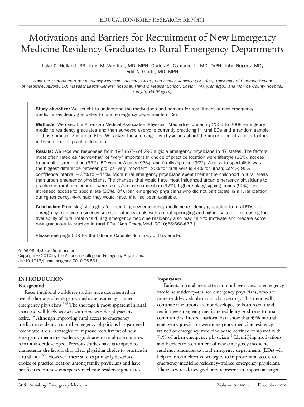 Motivations and Barriers for Recruitment of New Emergency Medicine Residency Graduates to Rural Emergency Departments