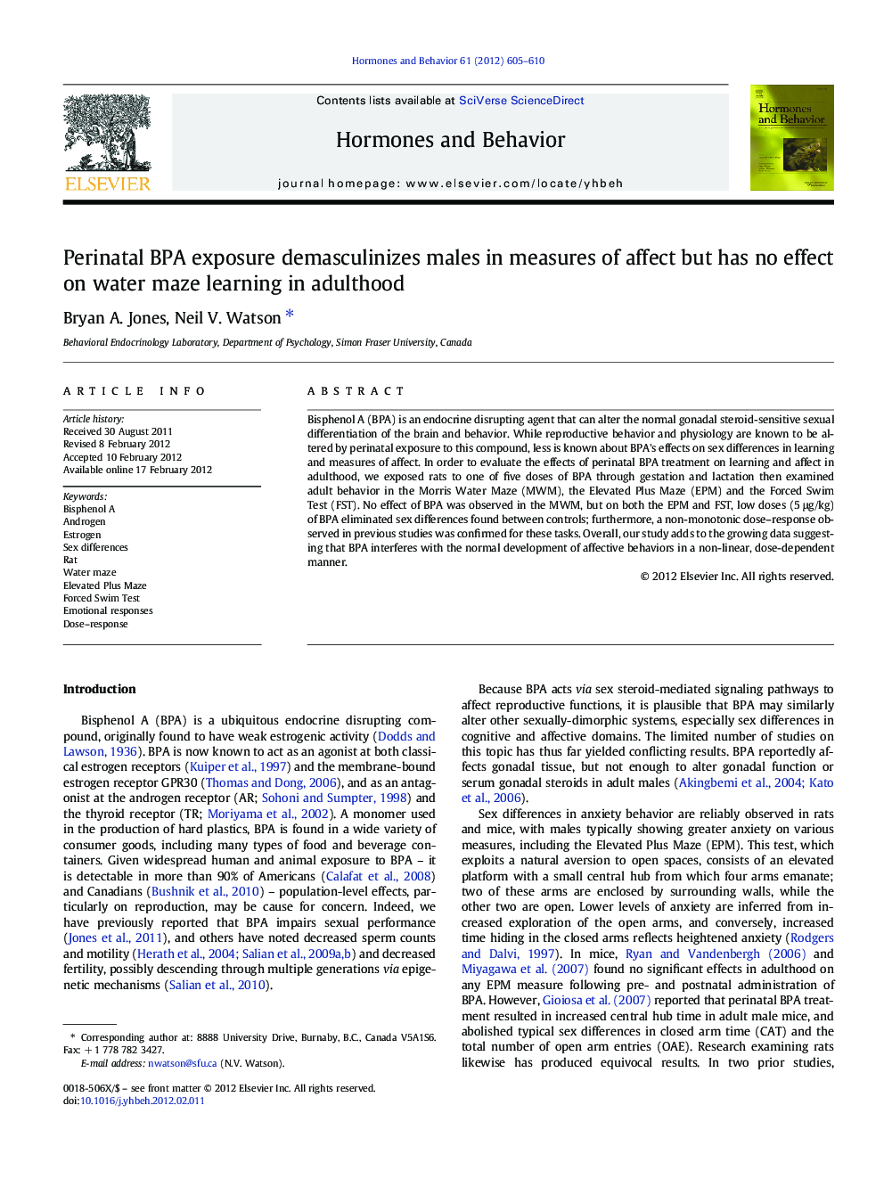 Perinatal BPA exposure demasculinizes males in measures of affect but has no effect on water maze learning in adulthood