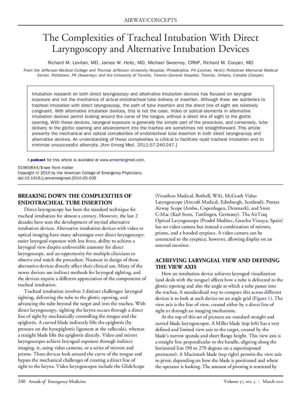 The Complexities of Tracheal Intubation With Direct Laryngoscopy and Alternative Intubation Devices 