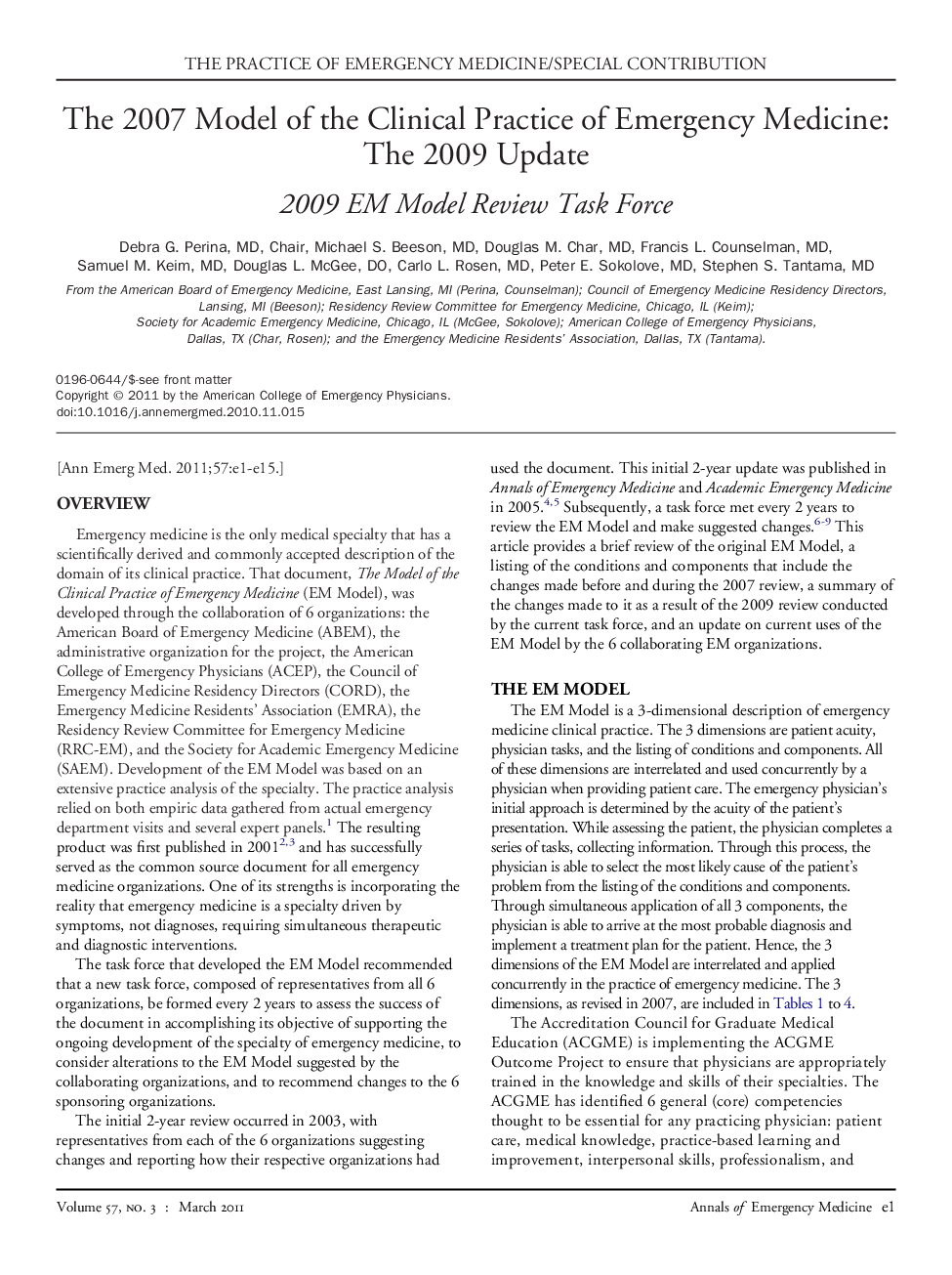 The 2007 Model of the Clinical Practice of Emergency Medicine: The 2009 Update