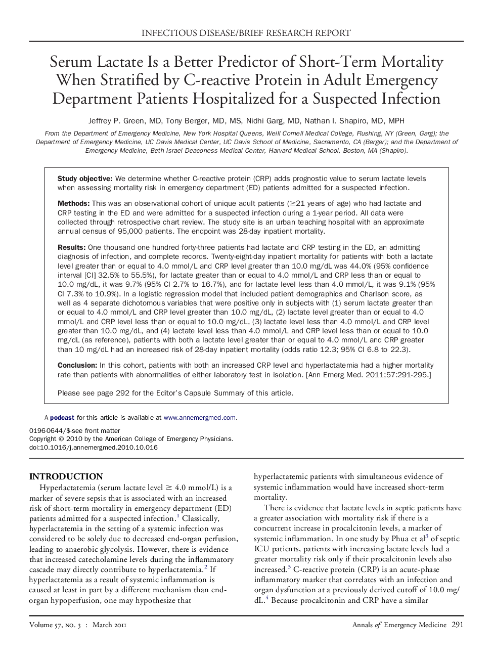 Serum Lactate Is a Better Predictor of Short-Term Mortality When Stratified by C-reactive Protein in Adult Emergency Department Patients Hospitalized for a Suspected Infection 