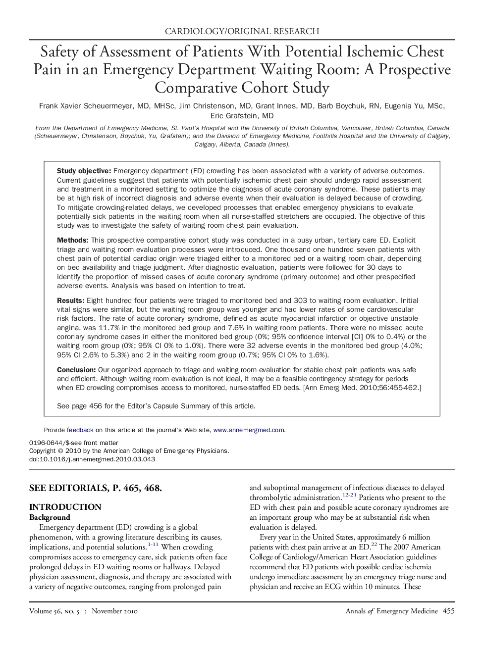 Safety of Assessment of Patients With Potential Ischemic Chest Pain in an Emergency Department Waiting Room: A Prospective Comparative Cohort Study 