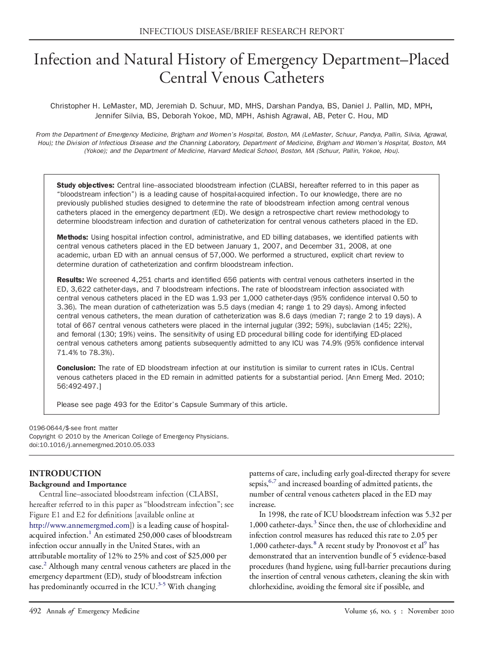 Infection and Natural History of Emergency Department-Placed Central Venous Catheters