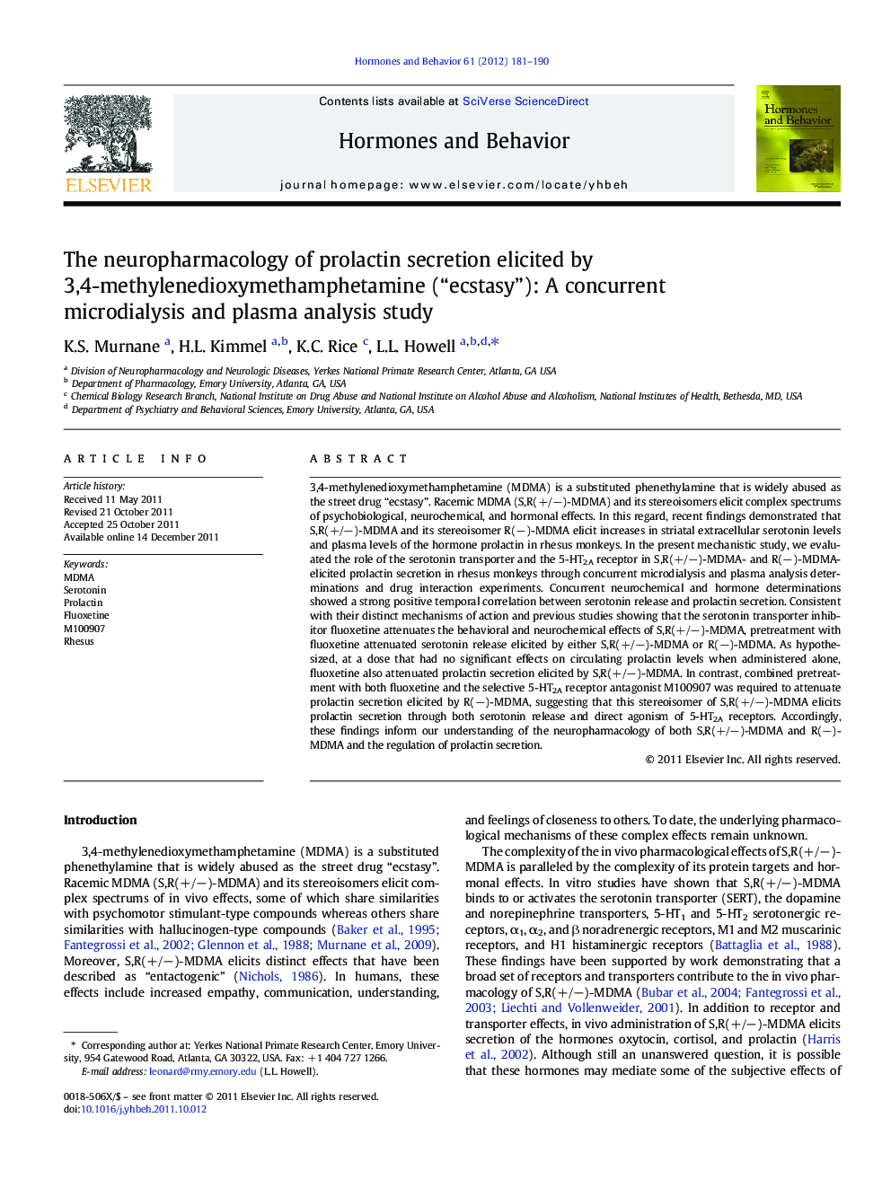 The neuropharmacology of prolactin secretion elicited by 3,4-methylenedioxymethamphetamine (“ecstasy”): A concurrent microdialysis and plasma analysis study