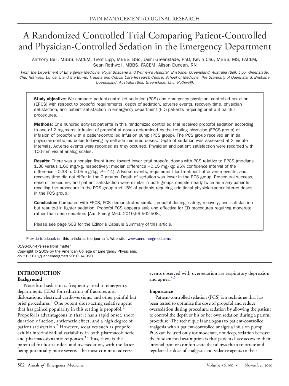 عکس صفحه اول مقاله: A Randomized Controlled Trial Comparing Patient-Controlled and Physician-Controlled Sedation in the Emergency Department A Randomized Controlled Trial Comparing Patient-Controlled and Physician-Controlled Sedation in the Emergency Department