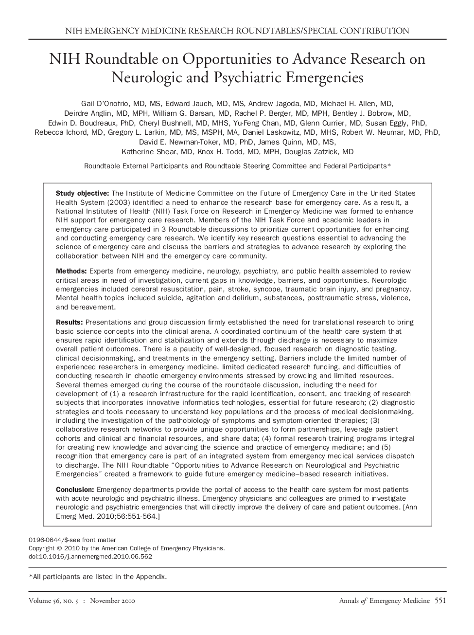 NIH Roundtable on Opportunities to Advance Research on Neurologic and Psychiatric Emergencies 