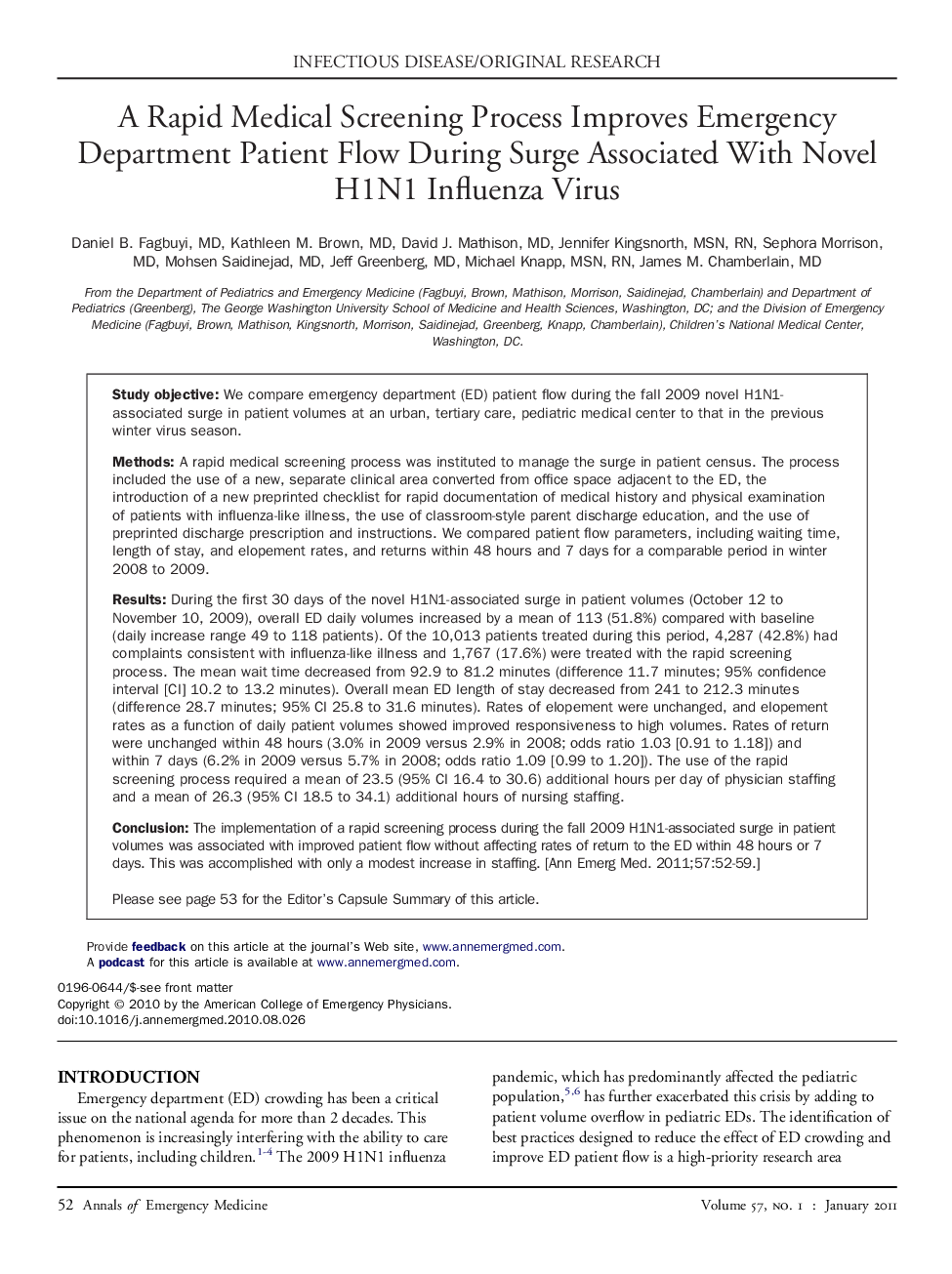 A Rapid Medical Screening Process Improves Emergency Department Patient Flow During Surge Associated With Novel H1N1 Influenza Virus 