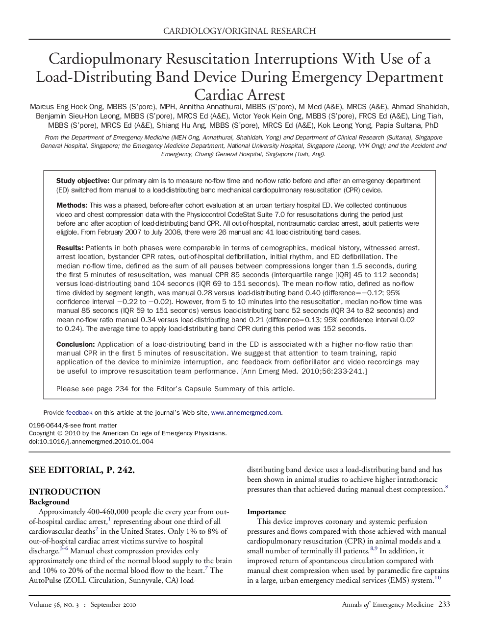 Cardiopulmonary Resuscitation Interruptions With Use of a Load-Distributing Band Device During Emergency Department Cardiac Arrest 