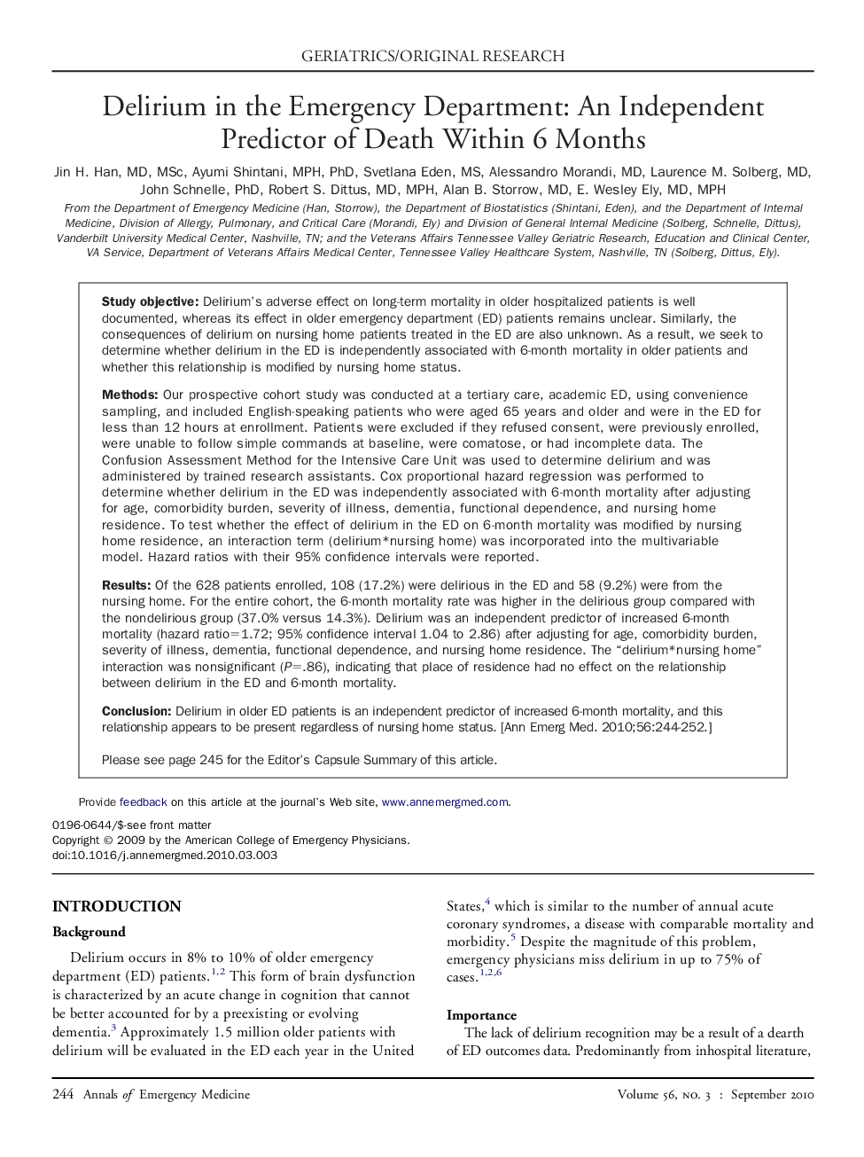 Delirium in the Emergency Department: An Independent Predictor of Death Within 6 Months