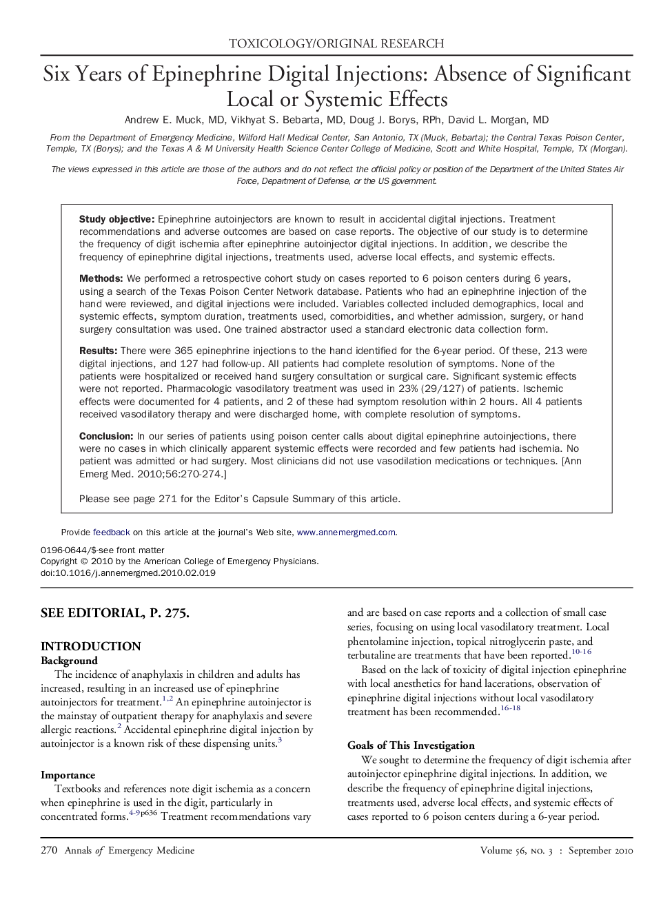 Six Years of Epinephrine Digital Injections: Absence of Significant Local or Systemic Effects 