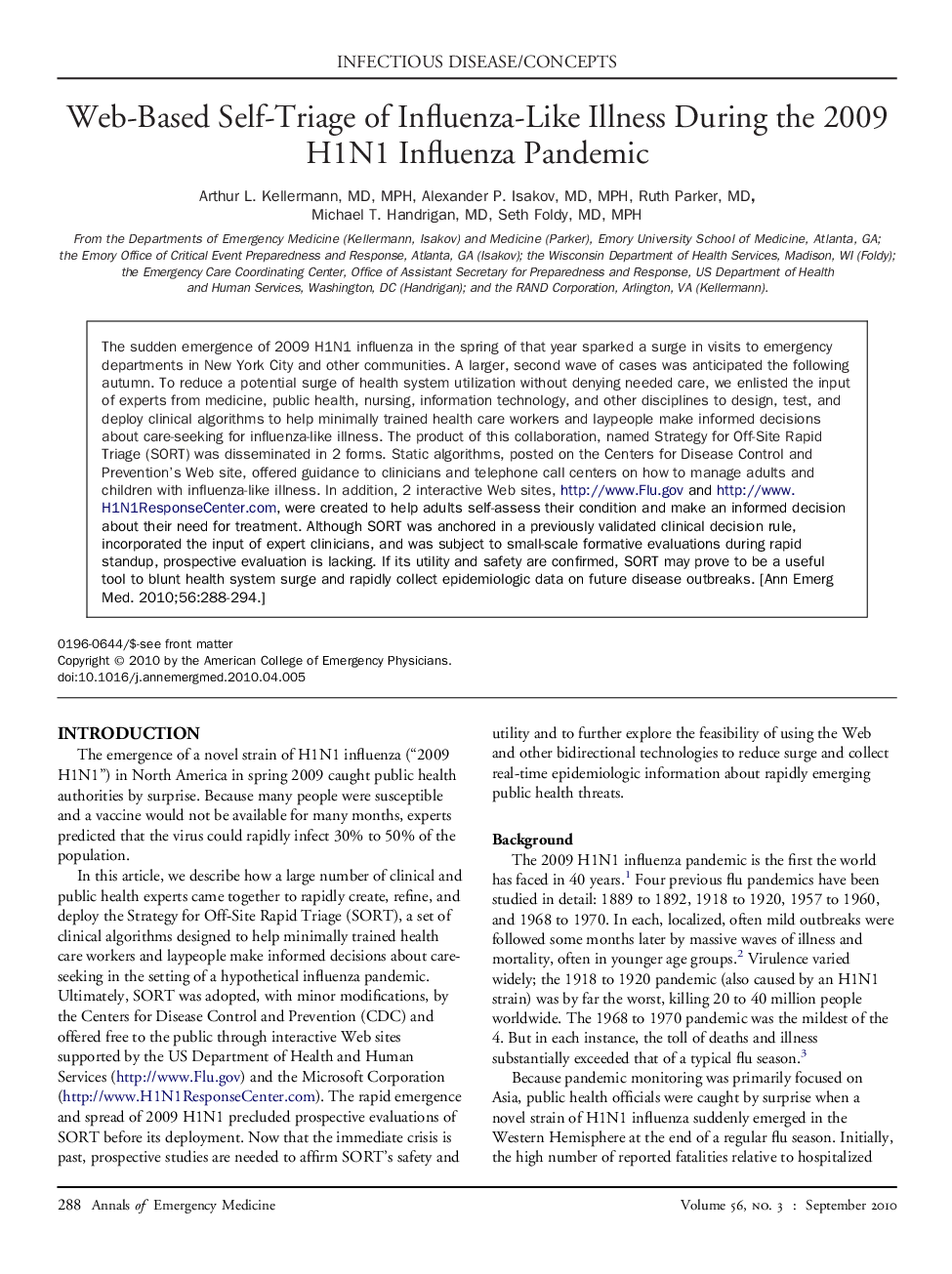 Web-Based Self-Triage of Influenza-Like Illness During the 2009 H1N1 Influenza Pandemic