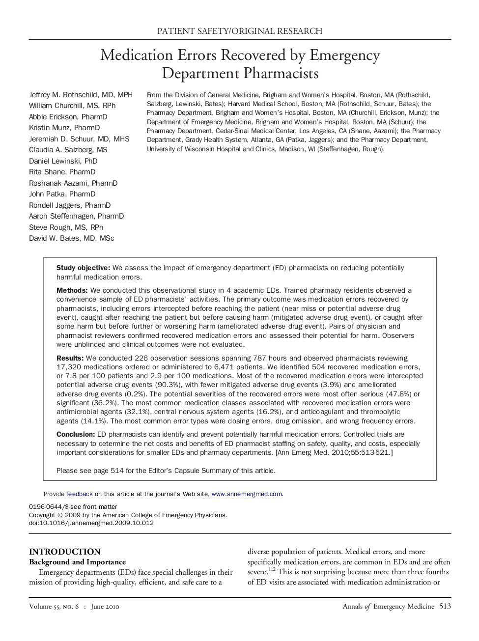 Medication Errors Recovered by Emergency Department Pharmacists 