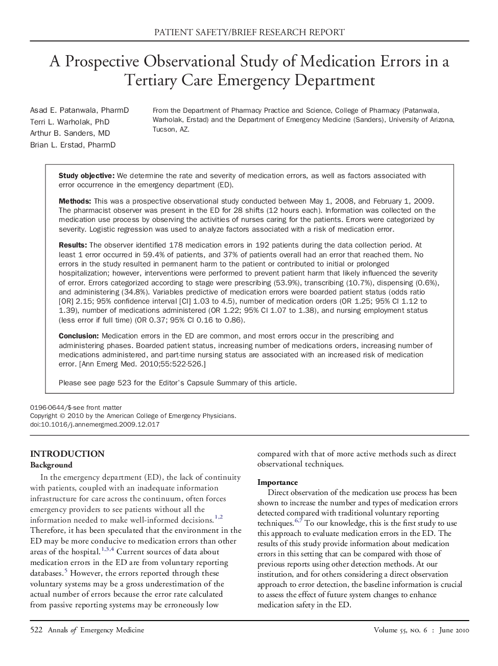 A Prospective Observational Study of Medication Errors in a Tertiary Care Emergency Department 