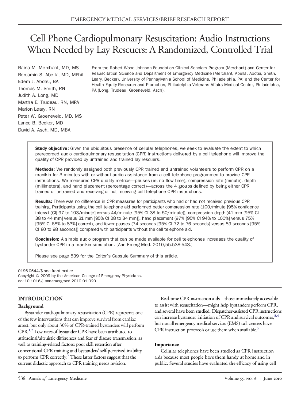 Cell Phone Cardiopulmonary Resuscitation: Audio Instructions When Needed by Lay Rescuers: A Randomized, Controlled Trial