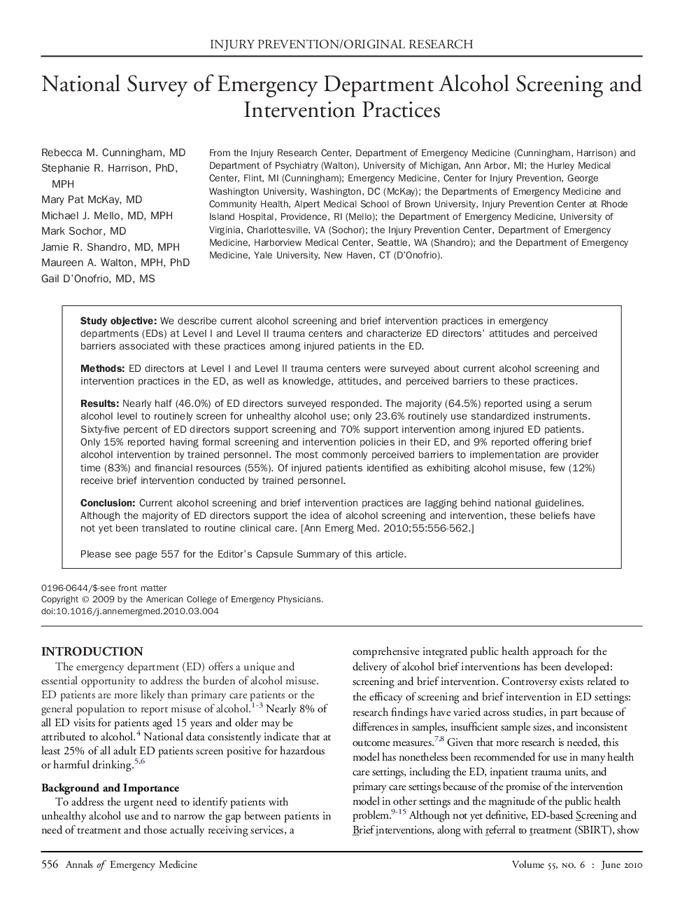 National Survey of Emergency Department Alcohol Screening and Intervention Practices 