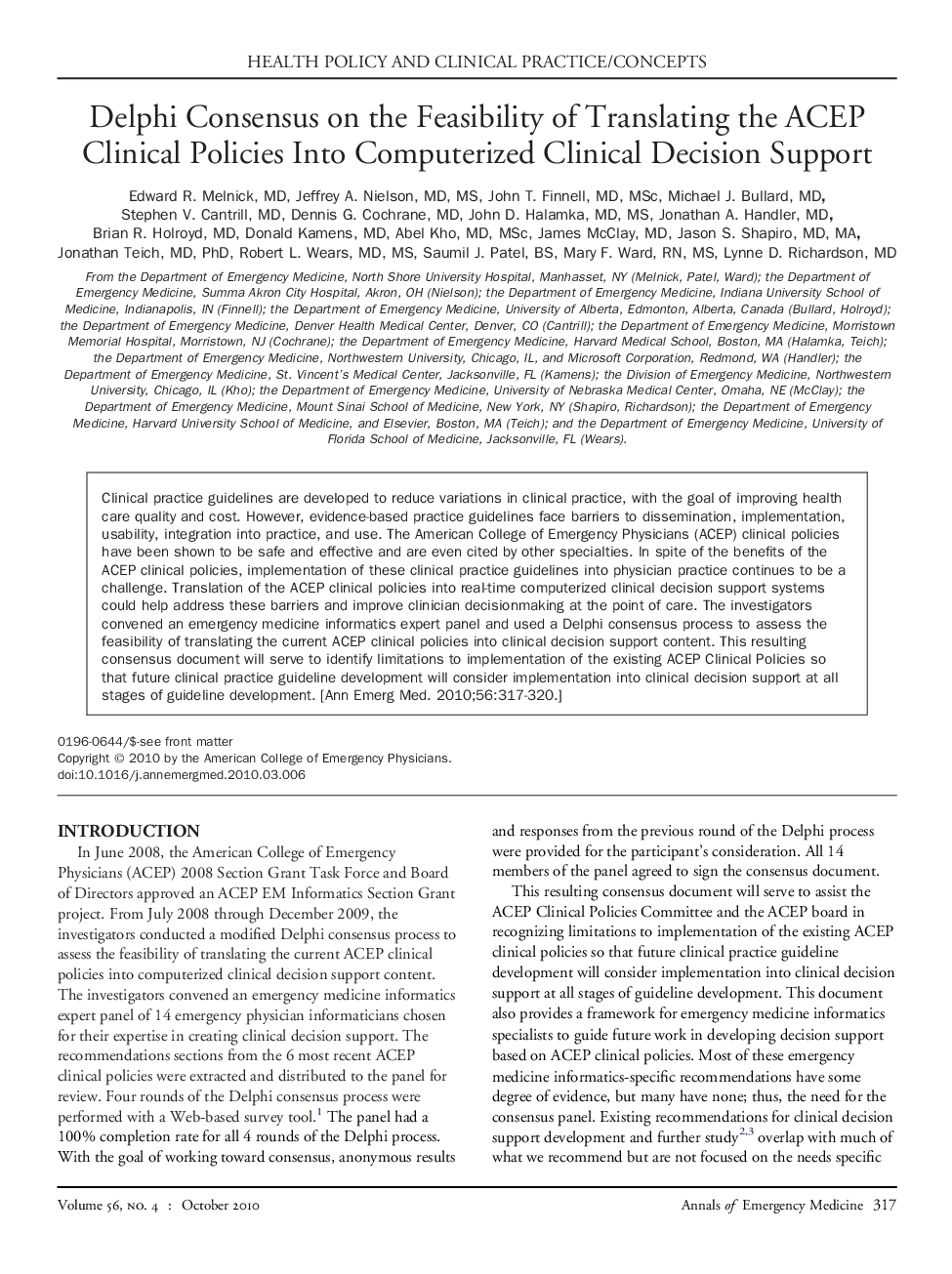 Delphi Consensus on the Feasibility of Translating the ACEP Clinical Policies Into Computerized Clinical Decision Support 