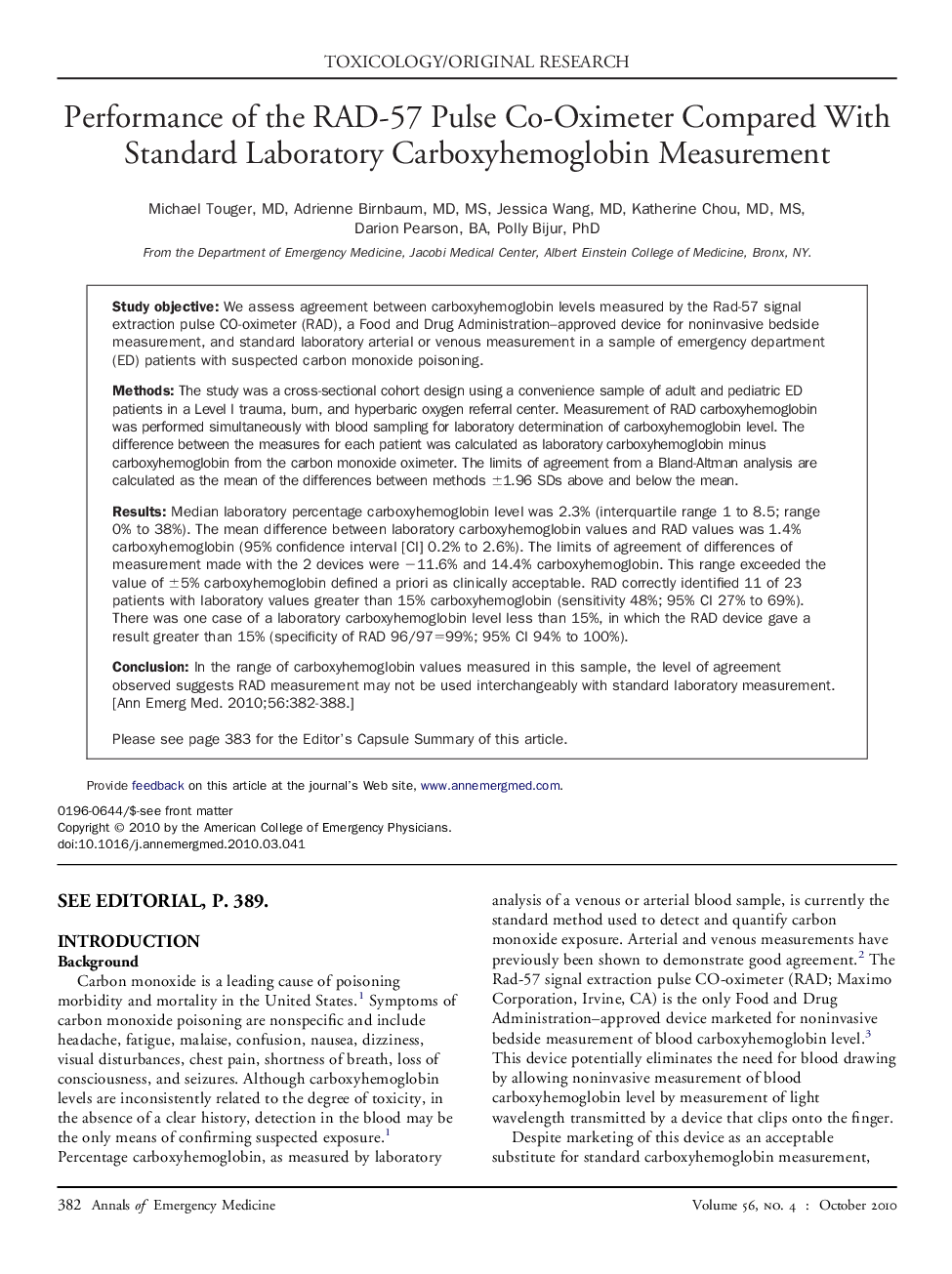 Performance of the RAD-57 Pulse Co-Oximeter Compared With Standard Laboratory Carboxyhemoglobin Measurement 