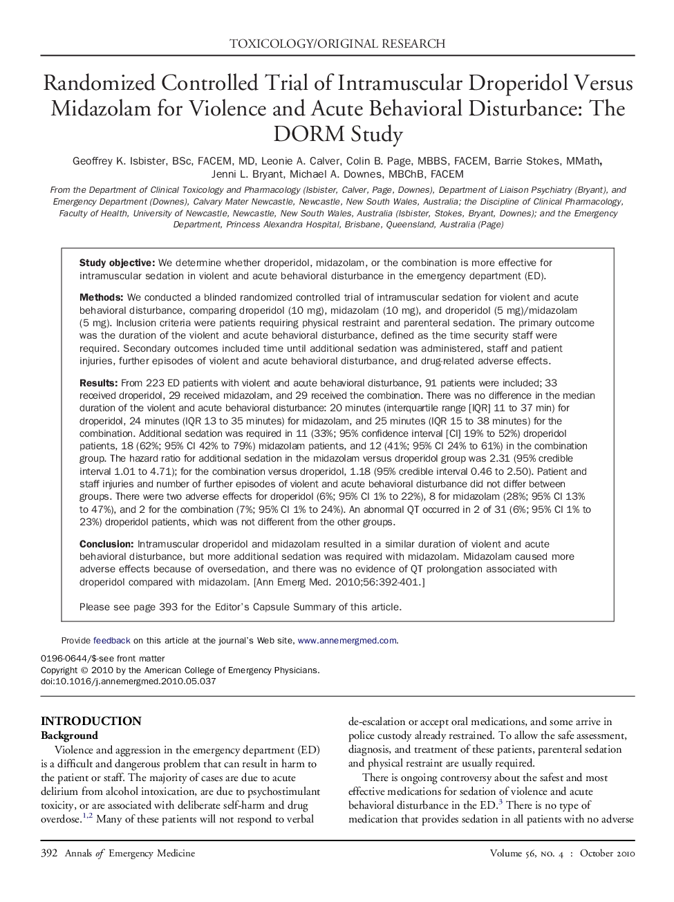 Randomized Controlled Trial of Intramuscular Droperidol Versus Midazolam for Violence and Acute Behavioral Disturbance: The DORM Study