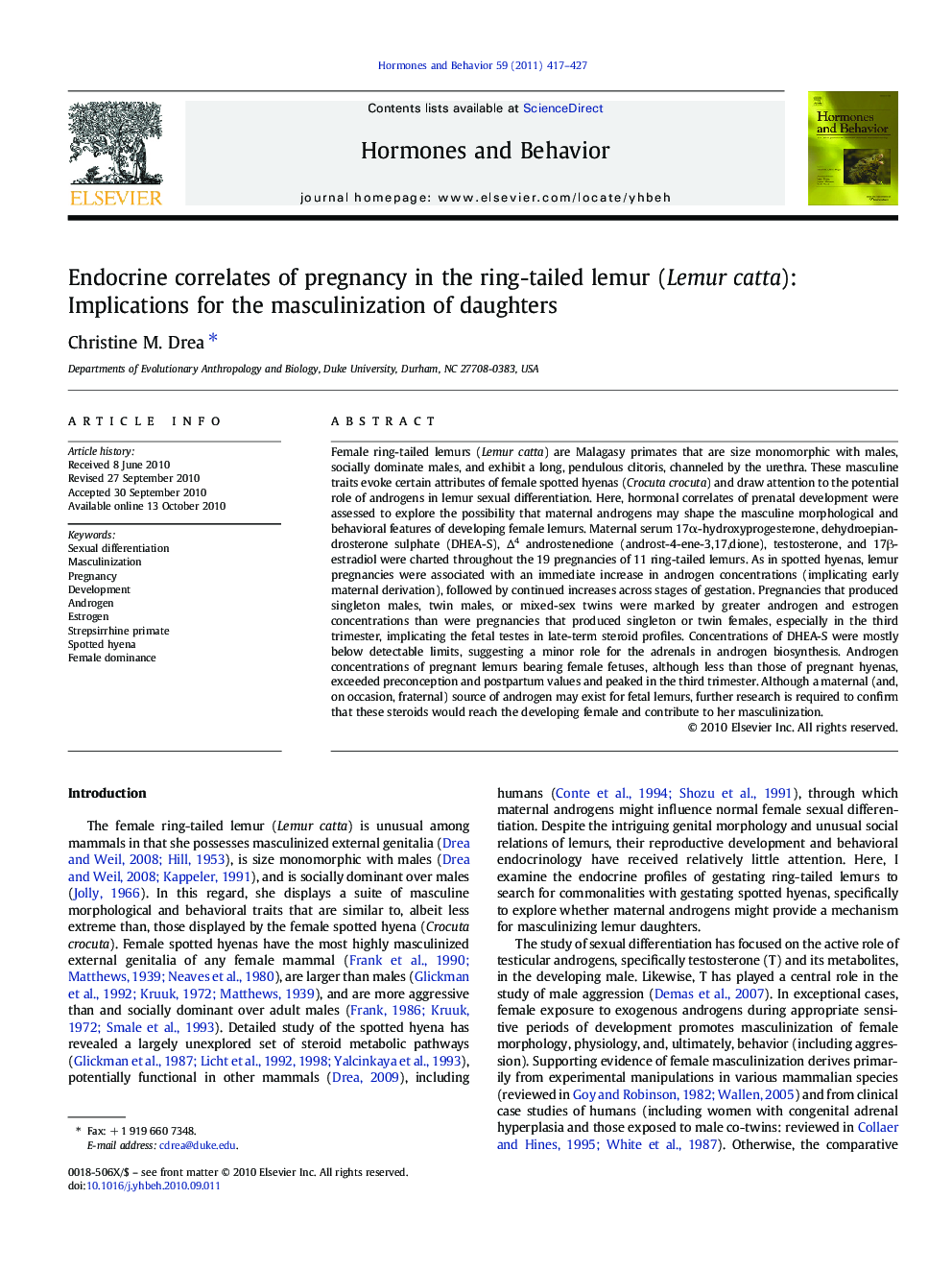 Endocrine correlates of pregnancy in the ring-tailed lemur (Lemur catta): Implications for the masculinization of daughters